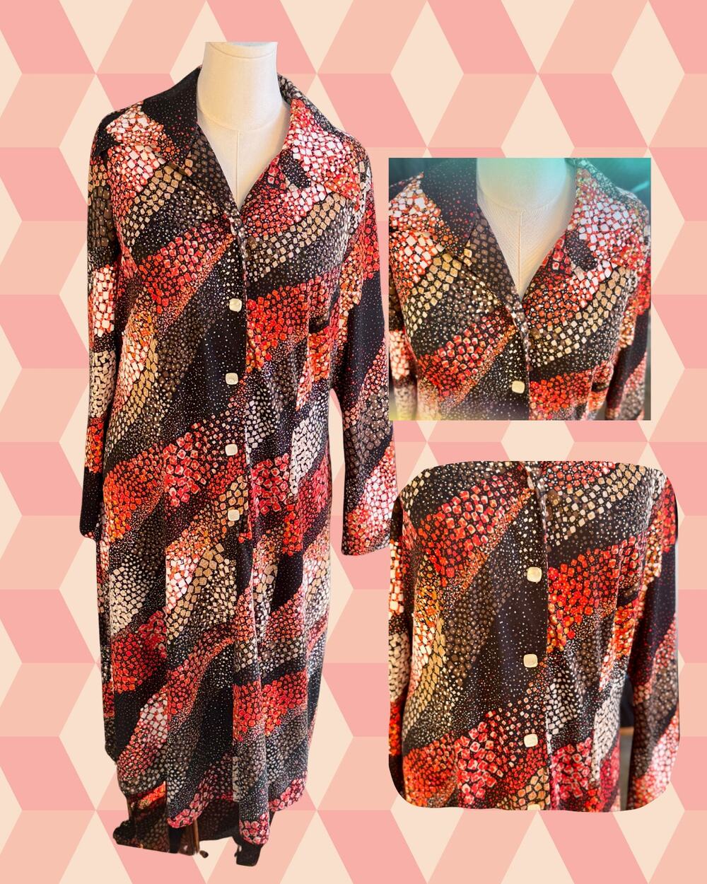 Volup 70s Lady Laura Toni Todd Earth Tone Floral Dagger Collar Shirt Dress XXL